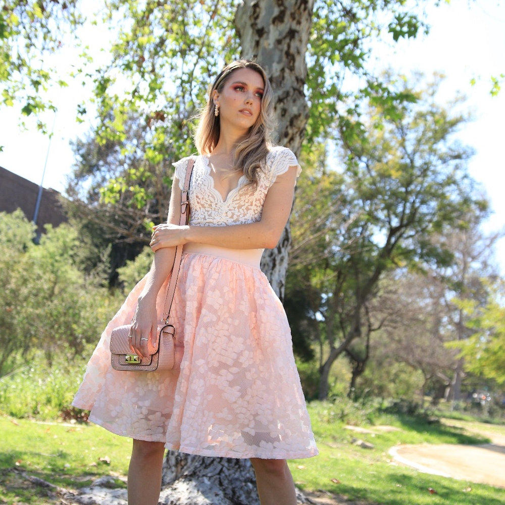 Maje Puff Lace Peach Floral Mesh Rose Skirt